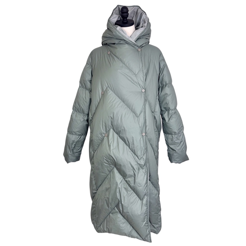 nap Loungewear Women's Down Puffer Long Coat with Hood Light Green Size XL